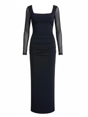 Black Square-Neck Bodycon Maxi Dress with Sheer Long Sleeves